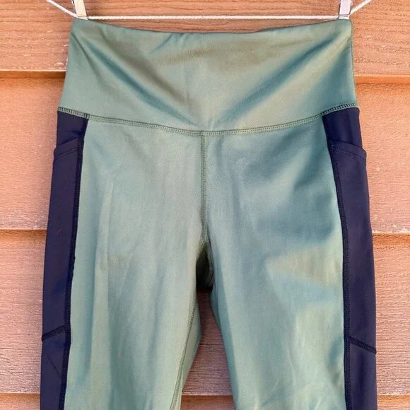 Lularoe Rise Leggings Active Wear Capri Mesh Pockets Sage Green Black Pant Size - Picture 2 of 9